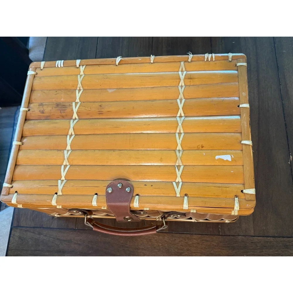 Vintage Mid-Century Woven Bamboo Picnic Basket Suitcase Plaid Lining Dining Set